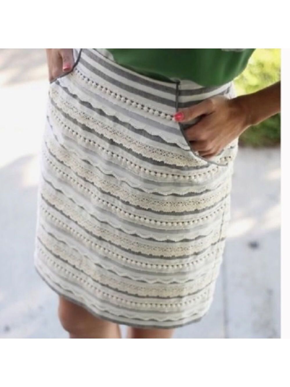 Anthropologie Tabitha Sailing Lace Striped Pencil Mini Skirt Small Linen/Cotton - Picture 7 of 13